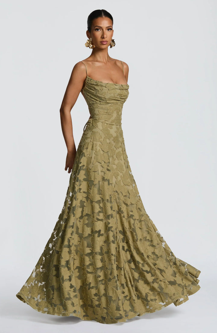 A-line jacquard evening gown, women's elegant floral dress for formal events.