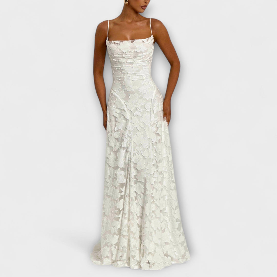 Elegant women's floral lace maxi dress, A-line, perfect for wedding guests & evening events.