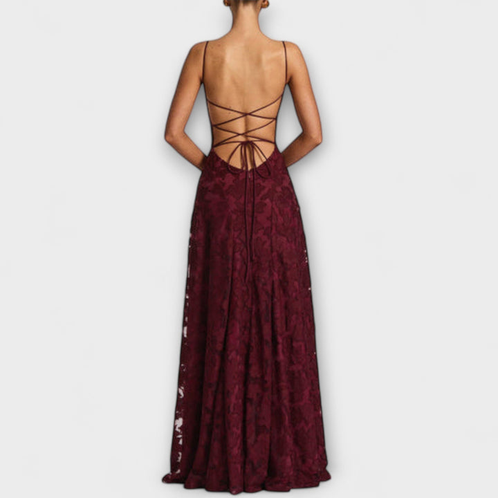 Stunning A-line floral lace maxi dress for women. Elegant evening gown or wedding guest attire.