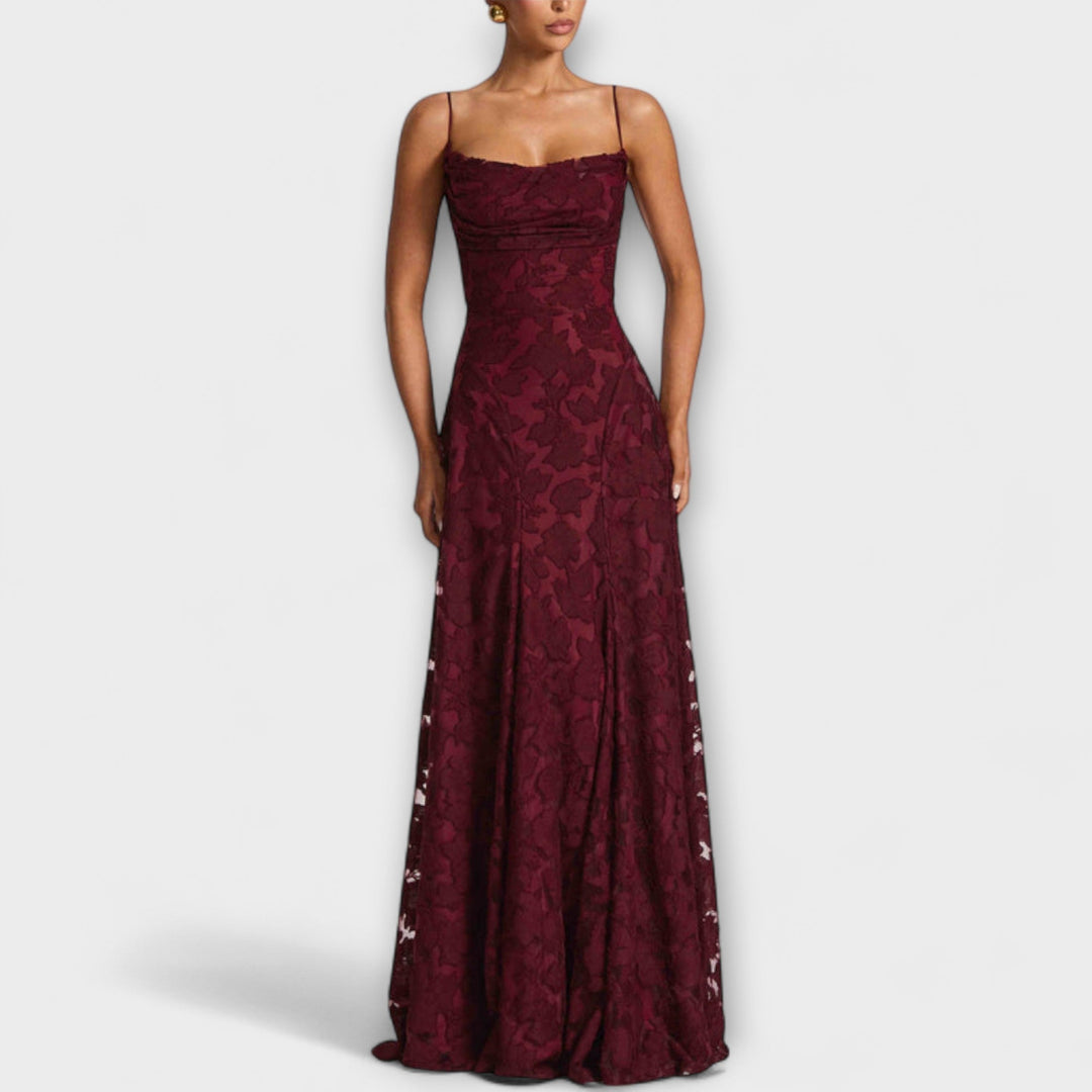 Chic women's floral lace maxi dress for wedding guests, bridesmaids, or elegant evening wear.