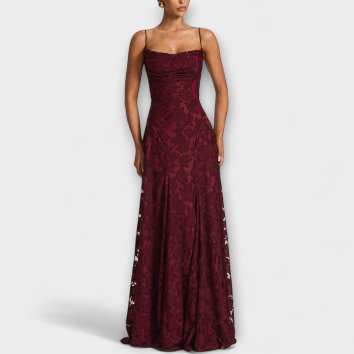 Chic women's floral lace maxi dress for wedding guests, bridesmaids, or elegant evening wear.