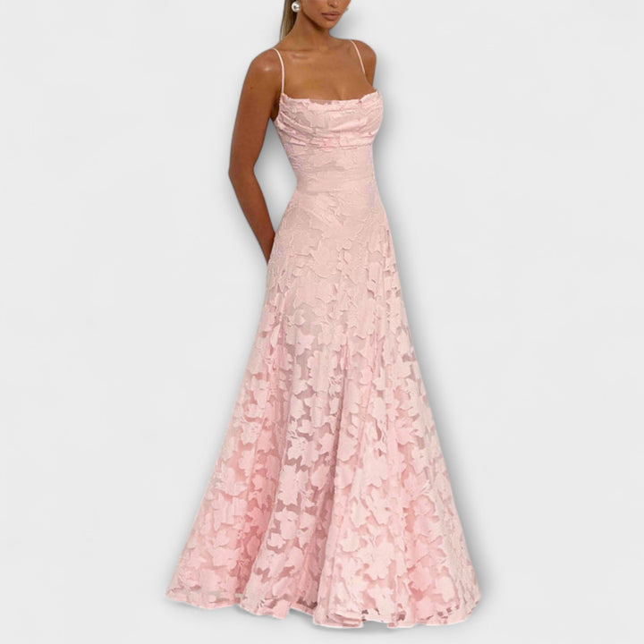 Luxurious women's A-line floral lace maxi dress, an elegant choice for special occasion party attire.