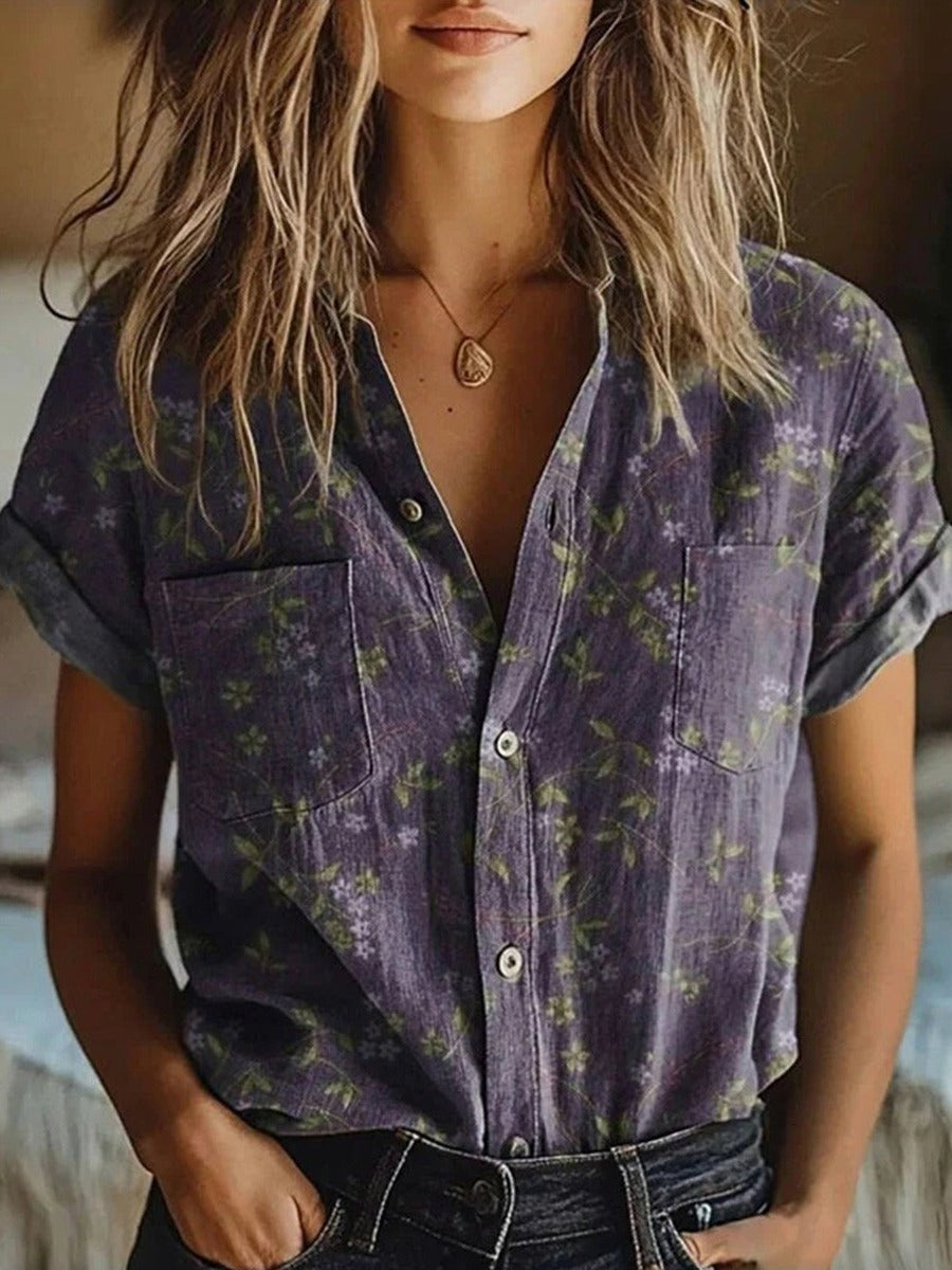 Elegant women's floral lapel blouse, short sleeve, vintage style. Perfect for summer & spring casual wear.