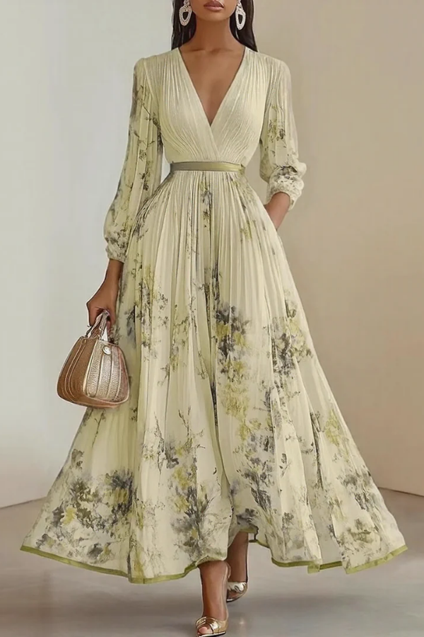 Vibrant floral long sleeve maxi dress for women. Elegant V-neck design, perfect for spring and summer events.