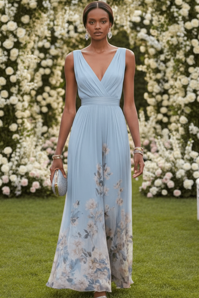 Elegant women's floral maxi dress, perfect for summer occasions. Flowy & stylish vacation or party wear.