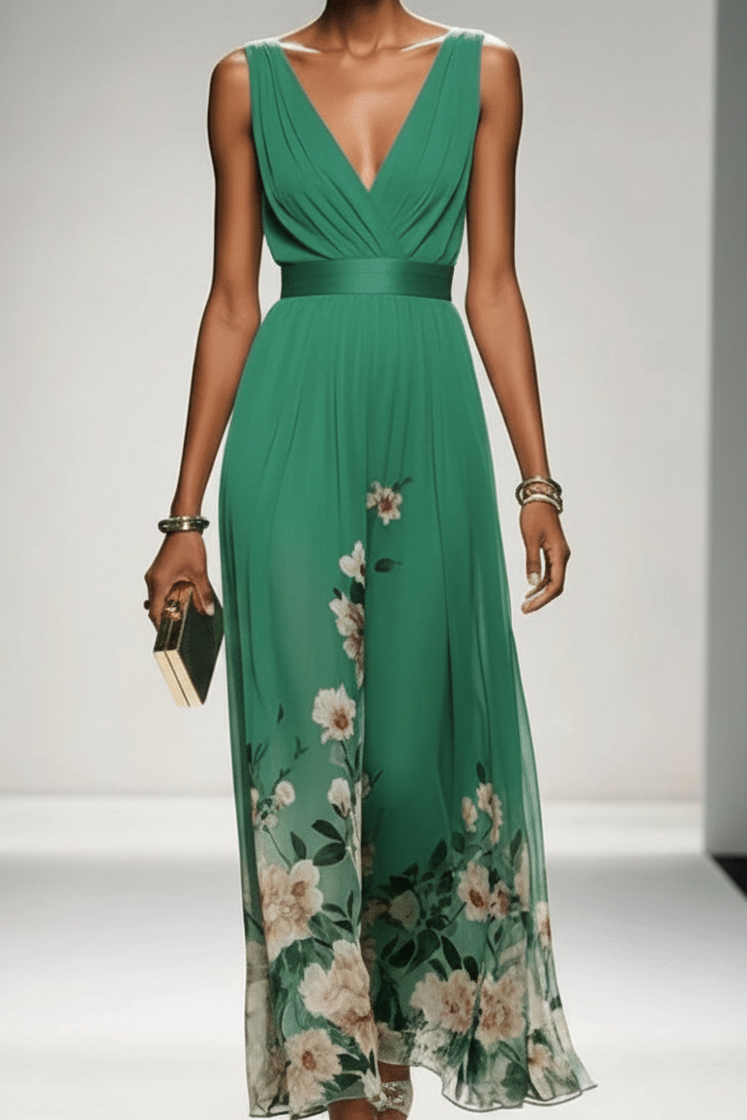 Full-length women's floral maxi dress, elegant design for summer events & special occasions. Flowy style.