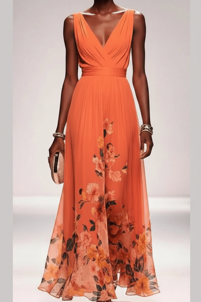 Detailed floral pattern maxi dress for women, offering an elegant & flowy summer fashion statement.