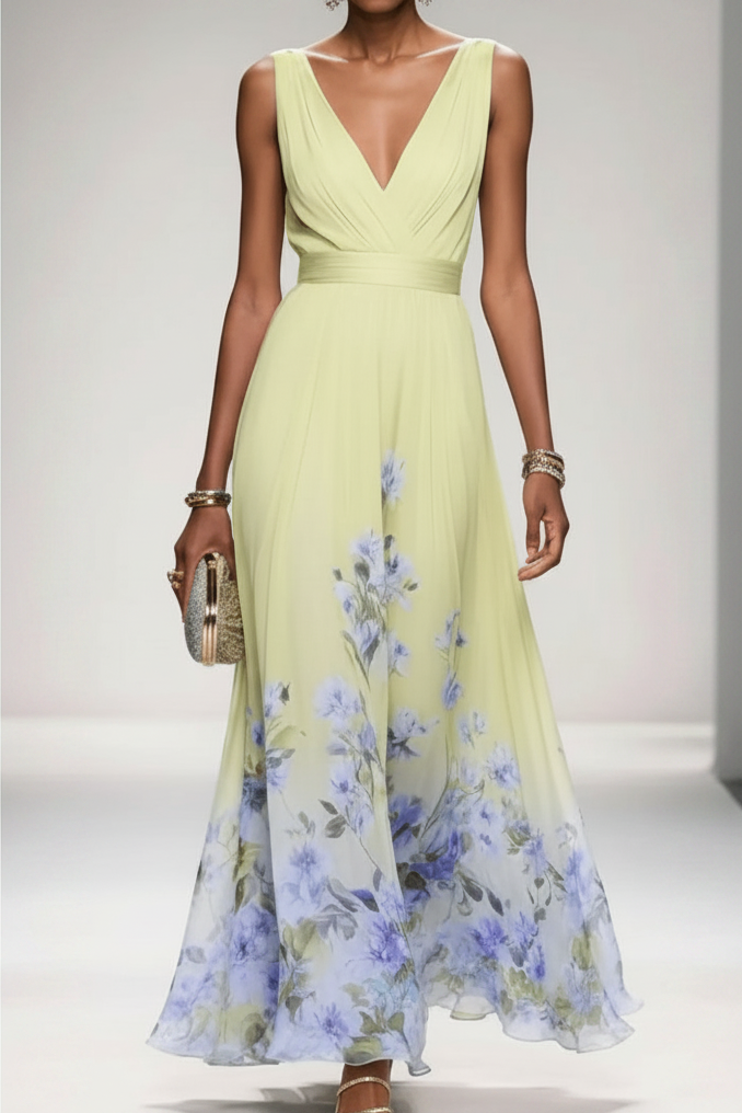 Lightweight women's floral maxi dress, elegant & flowy, perfect for summer, vacation, or parties.