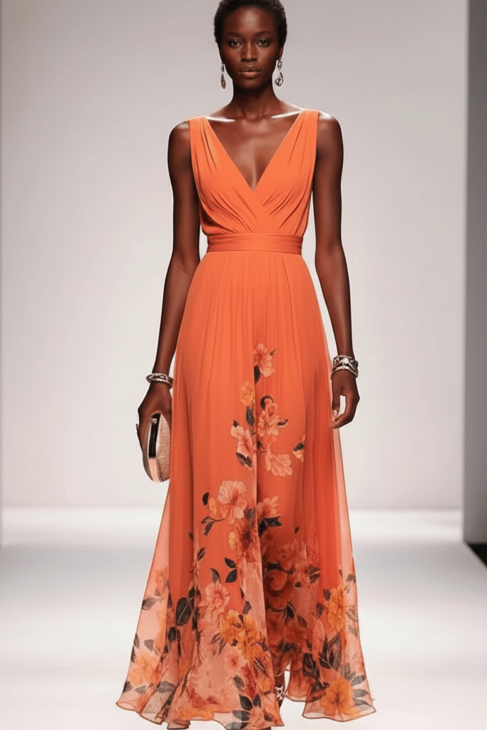 Chic women's elegant floral maxi dress, perfect for sophisticated summer events & occasion wear. Flowy.