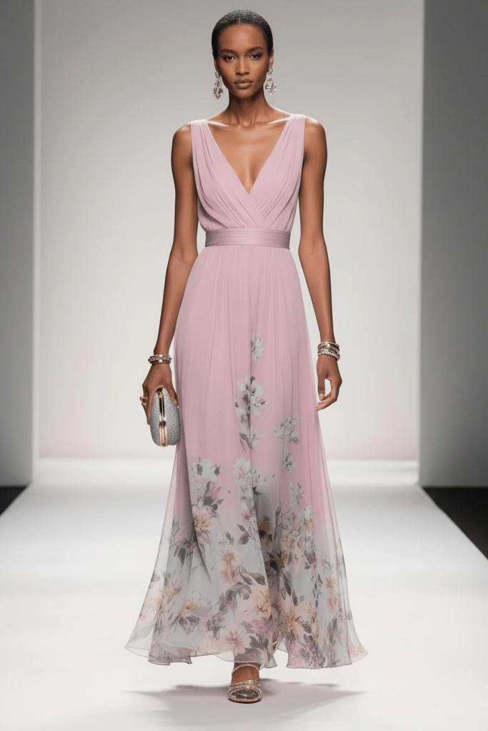 Stunning women's floral maxi dress, ideal vacation wear or elegant party dress. Flowy summer fashion.