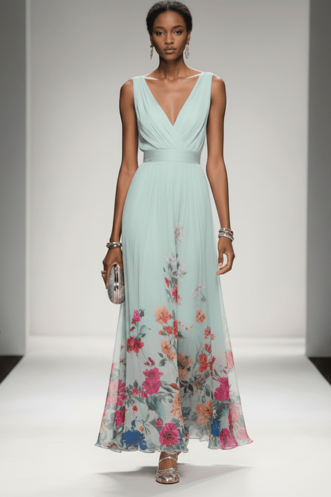 Elegant women's floral maxi dress, perfect party dress or stylish occasion wear. Flowy summer design.