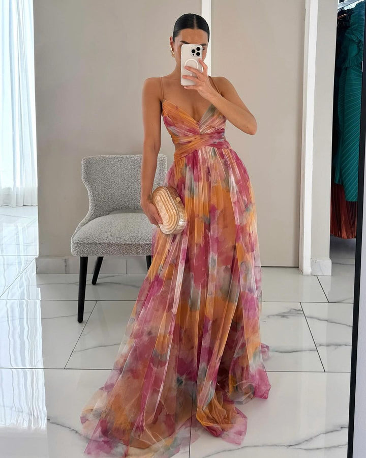 Elegant women's floral maxi dress with a flowy design, perfect for summer special occasions & wedding guests.