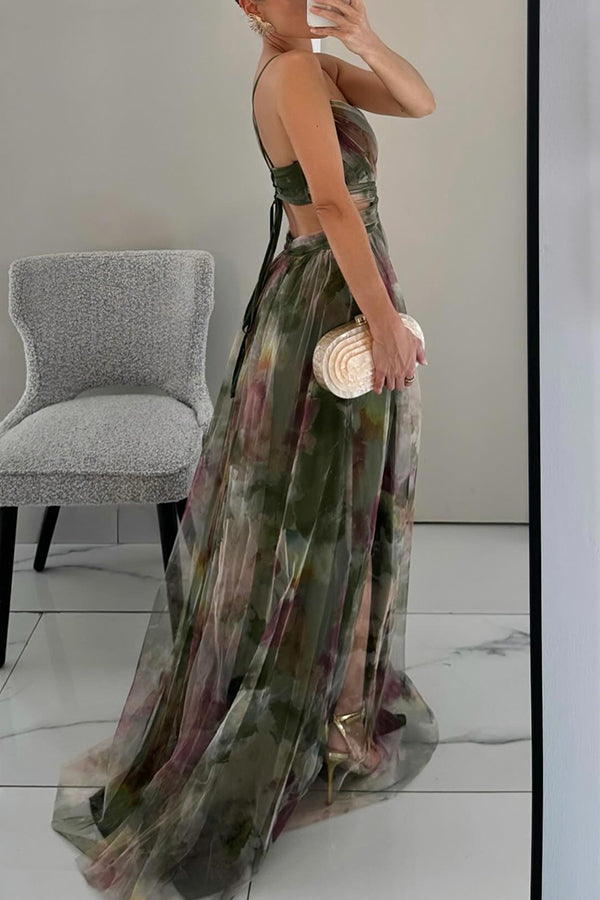 Vibrant floral pattern on an elegant flowy maxi dress for women. A comfortable & stylish summer party choice.