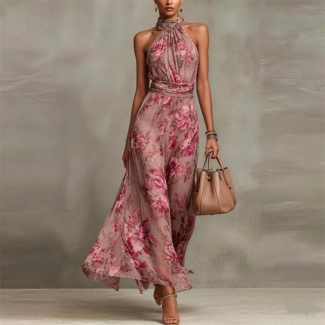 Elegant women's floral maxi dress with a halter neckline and ruched waist, perfect for wedding guests.
