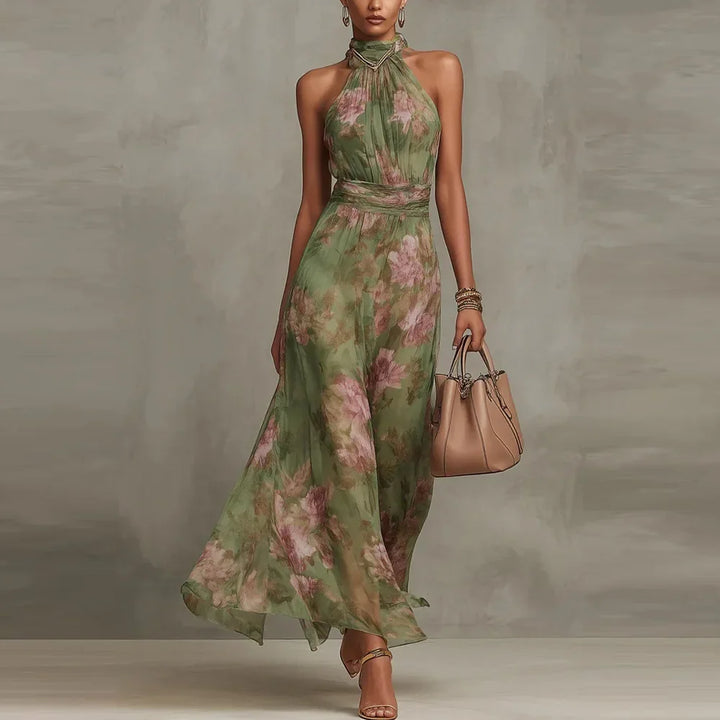 Vibrant floral print sleeveless maxi dress for women, featuring a chic halter and flattering ruched waist.