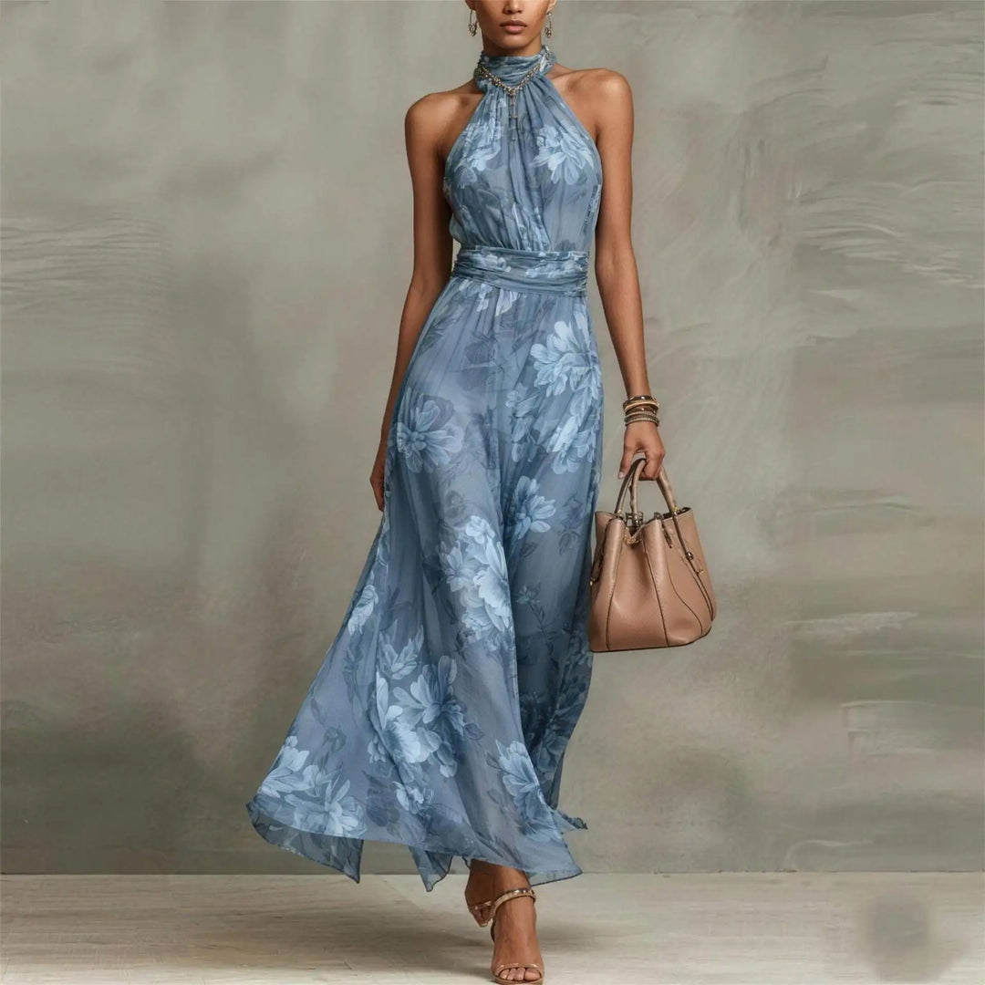 Graceful floral maxi dress for women with an elegant halter neck, sleeveless design, and beautiful ruched waist.