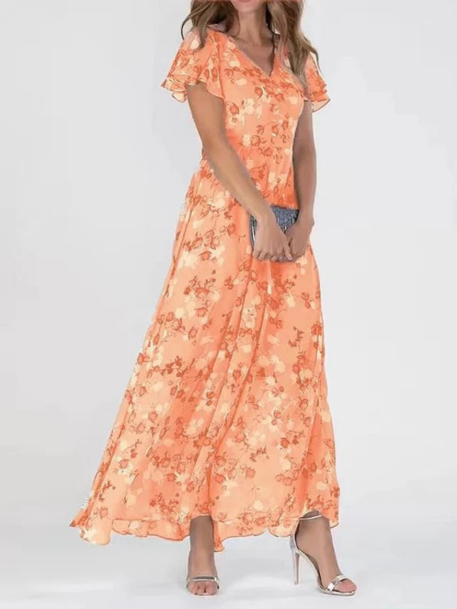 Elegant women's floral maxi dress with rosette print, perfect for summer parties or wedding guests. Feminine V-neck design.