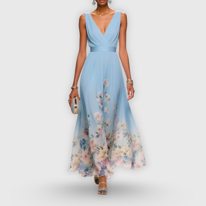 Elegant women's floral maxi dress with V-neck, perfect sleeveless gown for garden parties & special occasions.
