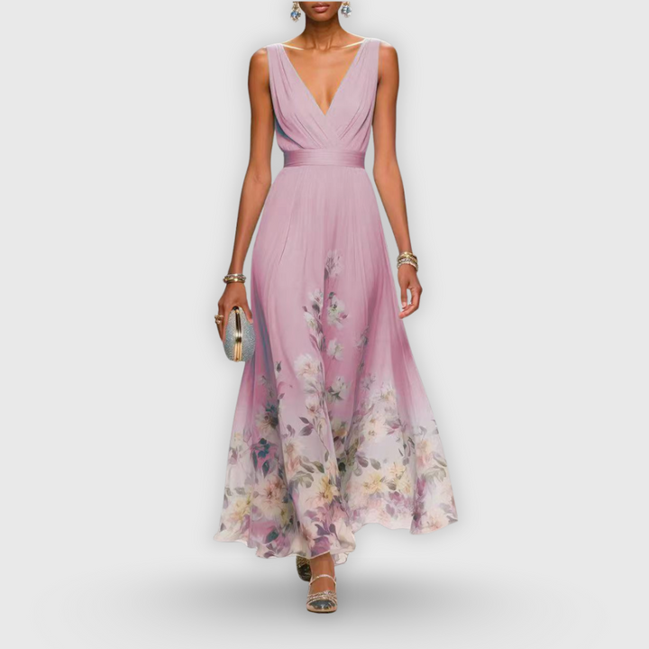 Women's a-line floral maxi dress with beautiful ombre print, elegant V-neck sleeveless gown for formal events.