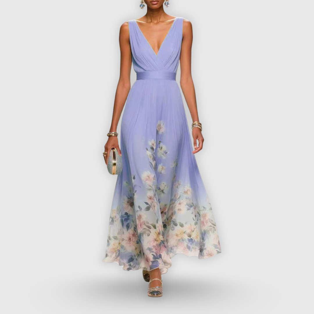 Long pleated floral maxi dress for women, featuring a V-neck and sleeveless design, ideal for garden parties.