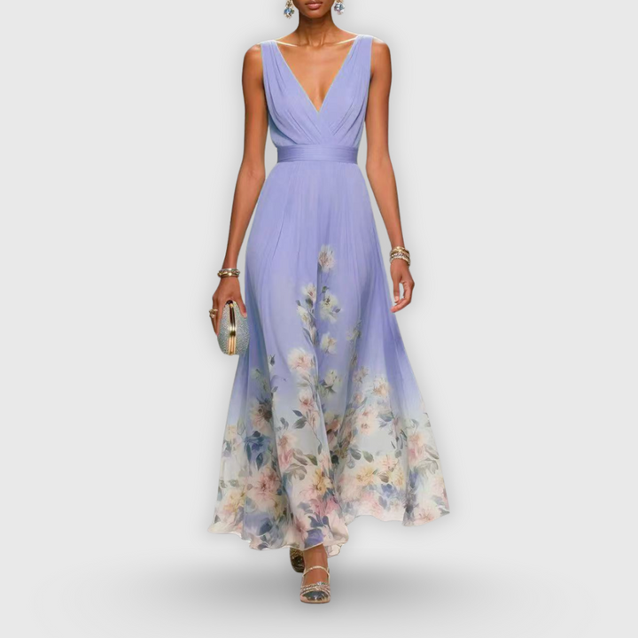 Long pleated floral maxi dress for women, featuring a V-neck and sleeveless design, ideal for garden parties.