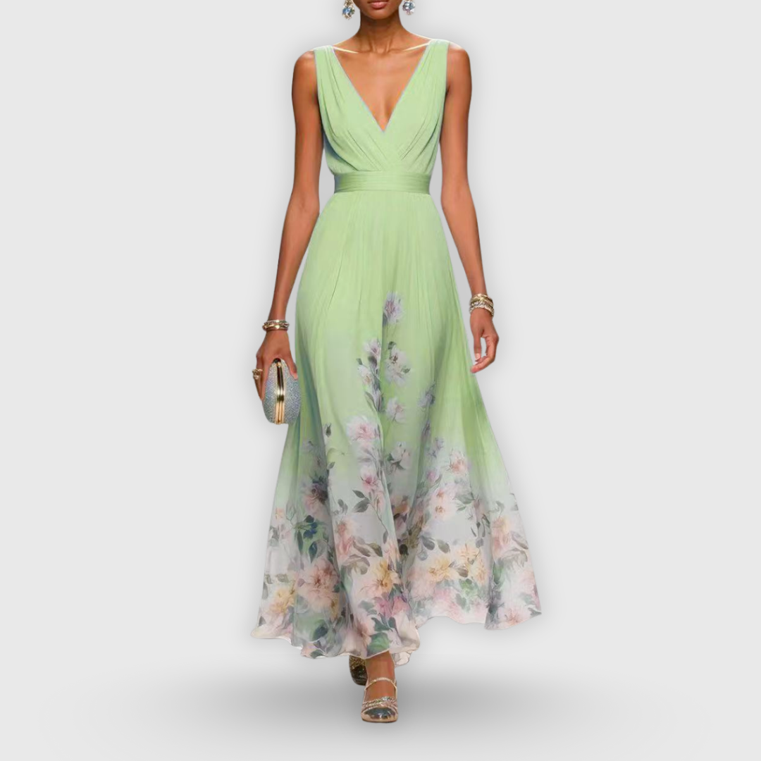 Stylish women's floral maxi gown, V-neck sleeveless occasionwear dress with elegant print for summer events.