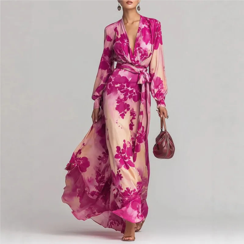 Elegant women's floral maxi dress with V-neck, tie waist. Perfect flowy summer style & occasion wear.