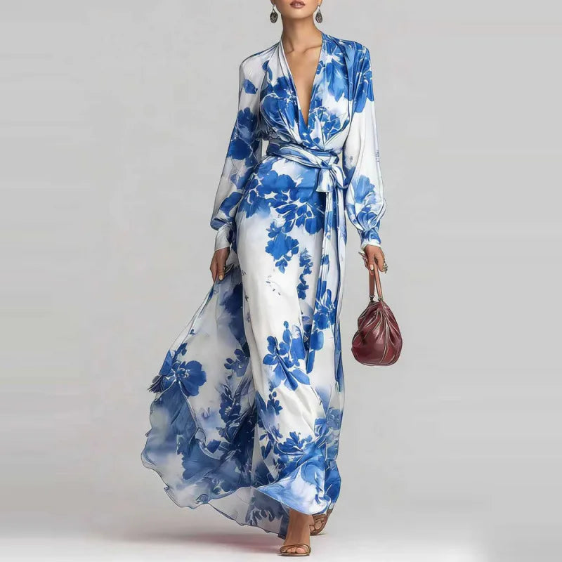 Elegant V-neck floral maxi dress for women. Tie waist long dress, ideal for summer occasions & events.