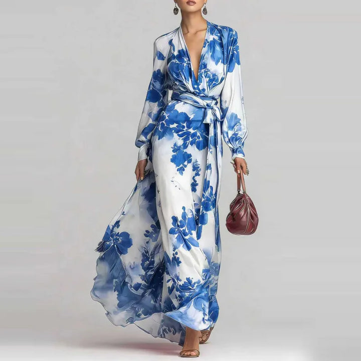 Elegant V-neck floral maxi dress for women. Tie waist long dress, ideal for summer occasions & events.