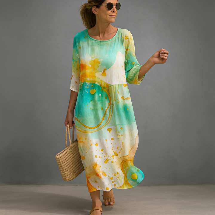 Flowy floral summer midi dress for women, ideal for spring events or elegant daywear. Comfortable and stylish occasion wear.