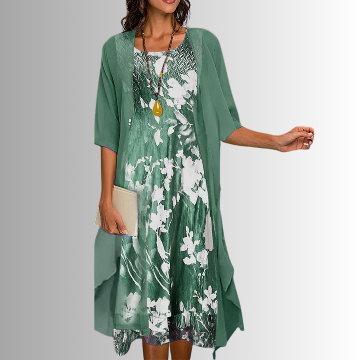 Beautiful floral midi dress with sheer cardigan, perfect for spring/summer occasions & modest fashion.