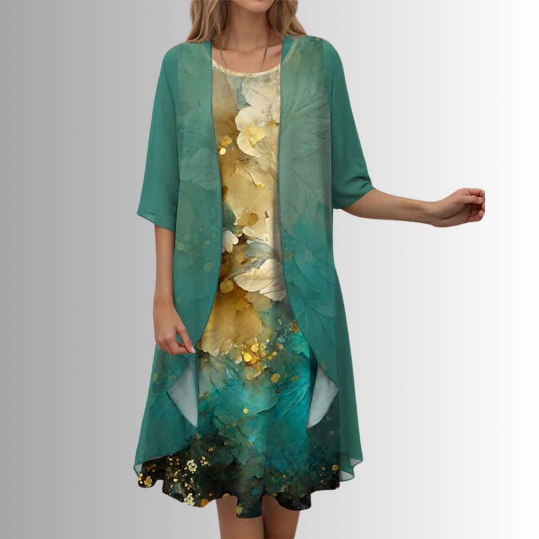 Layered floral midi dress & sheer cardigan set, perfect wedding guest outfit or elegant summer wear.