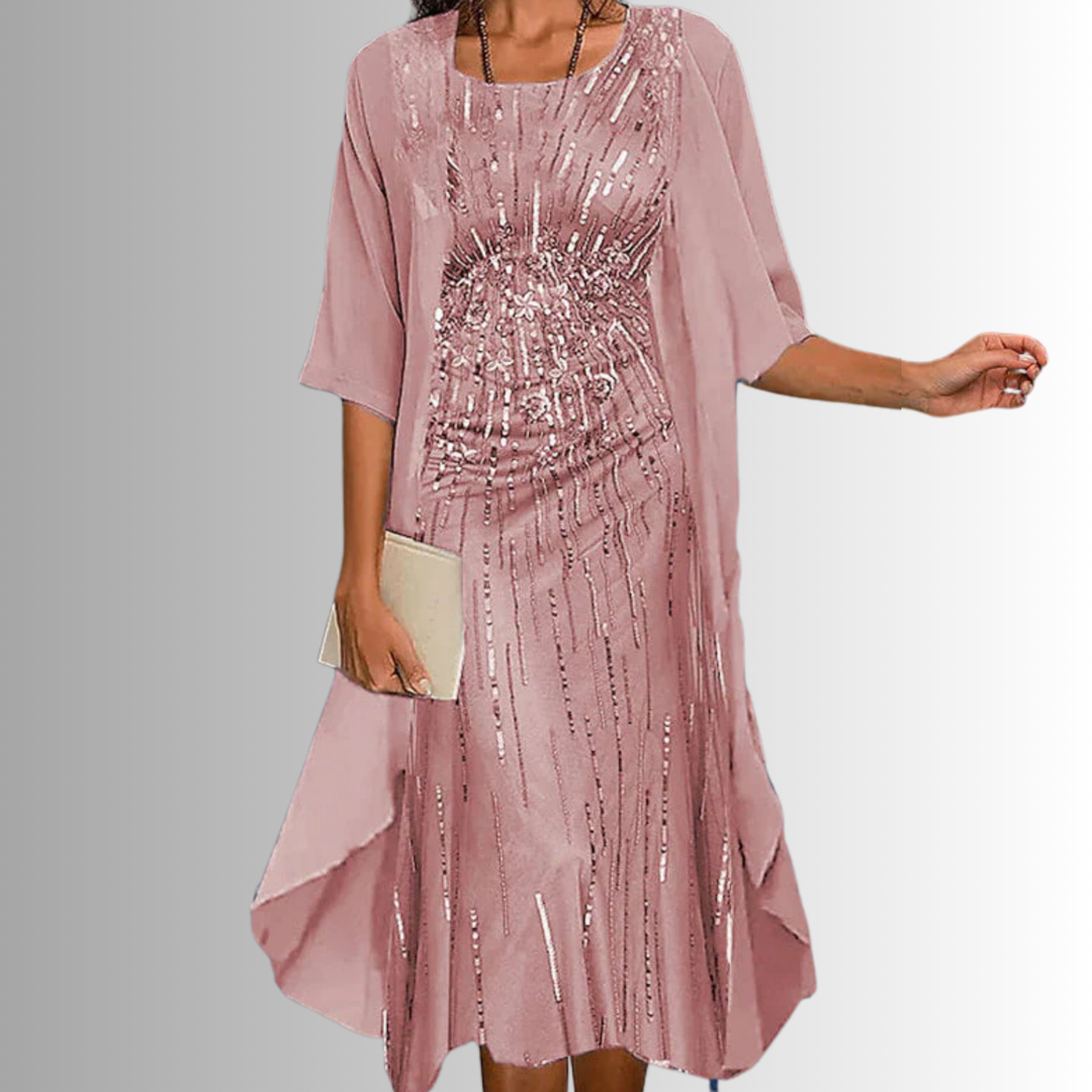 Elegant women's floral midi dress and sheer cardigan for sophisticated occasion wear and spring outfits.