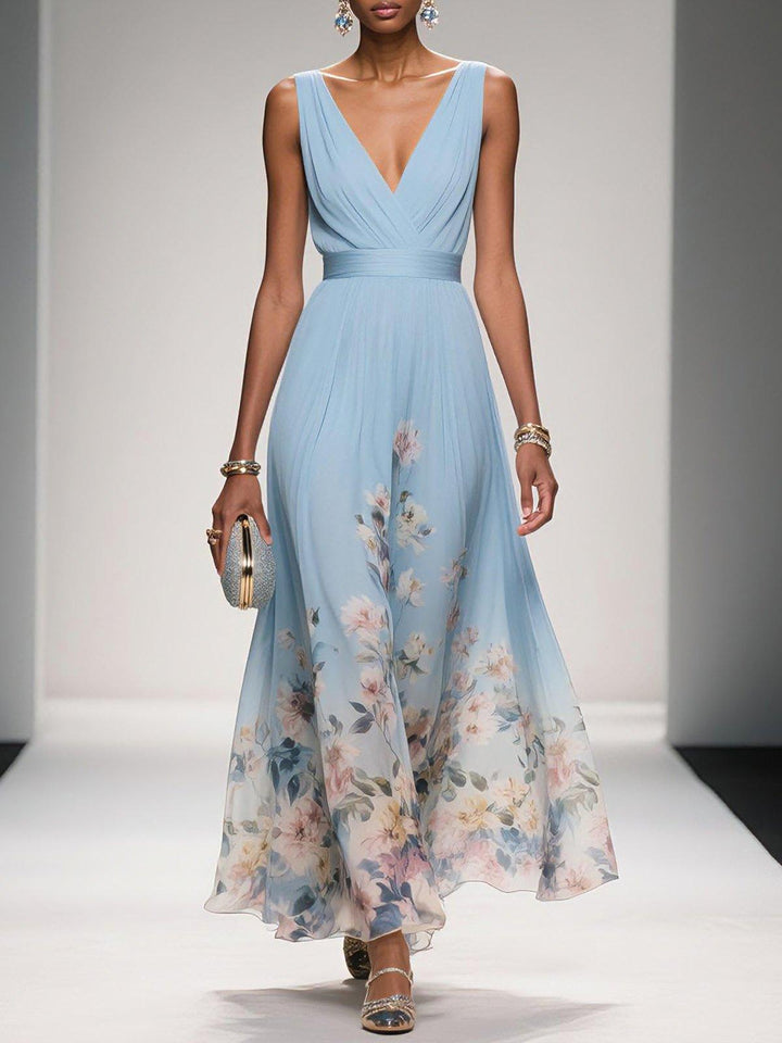Elegant women's floral midi dress with deep V neck, perfect for summer occasions & parties.