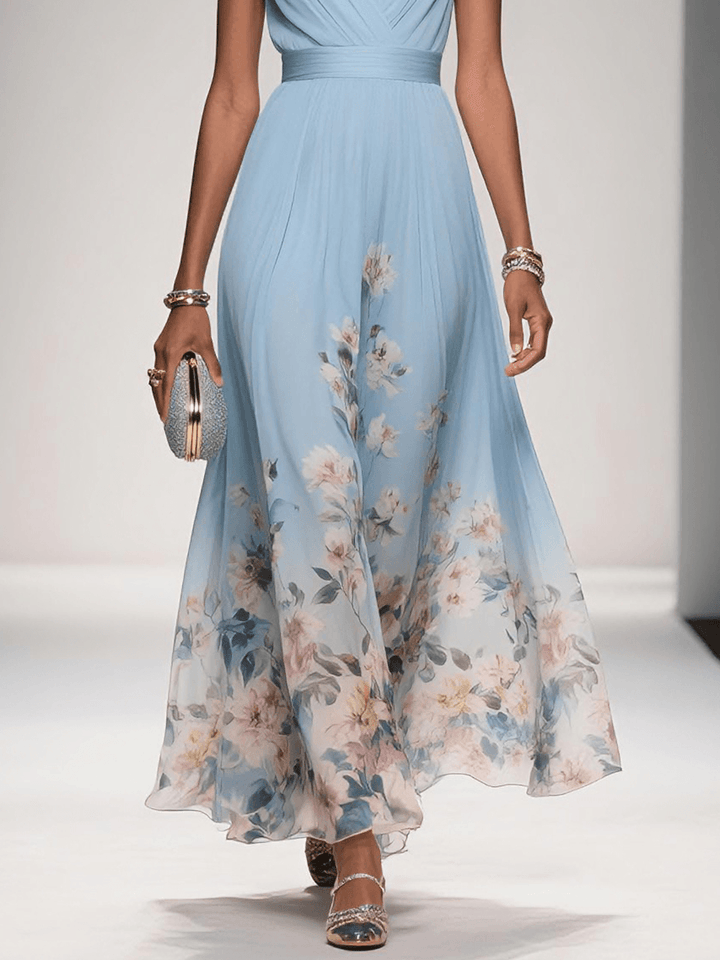 Flattering deep V neck women's floral midi dress, elegant & flowy, great for various body types.