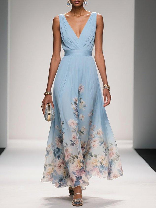 Elegant women's floral midi dress with a deep V-neck, perfect for sophisticated style & summer events.