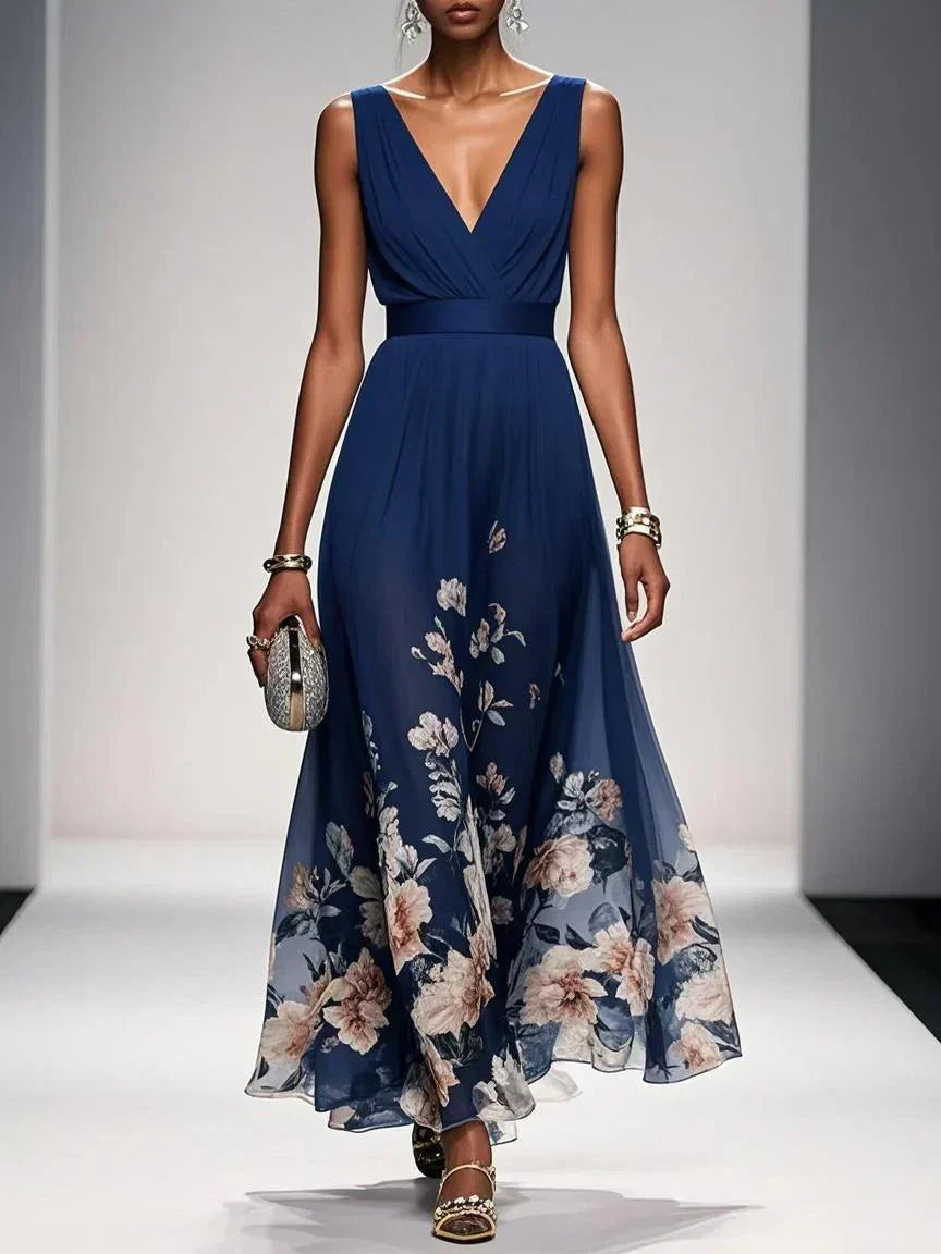 Sophisticated women's midi dress featuring a vibrant floral print & stylish deep V-neckline.