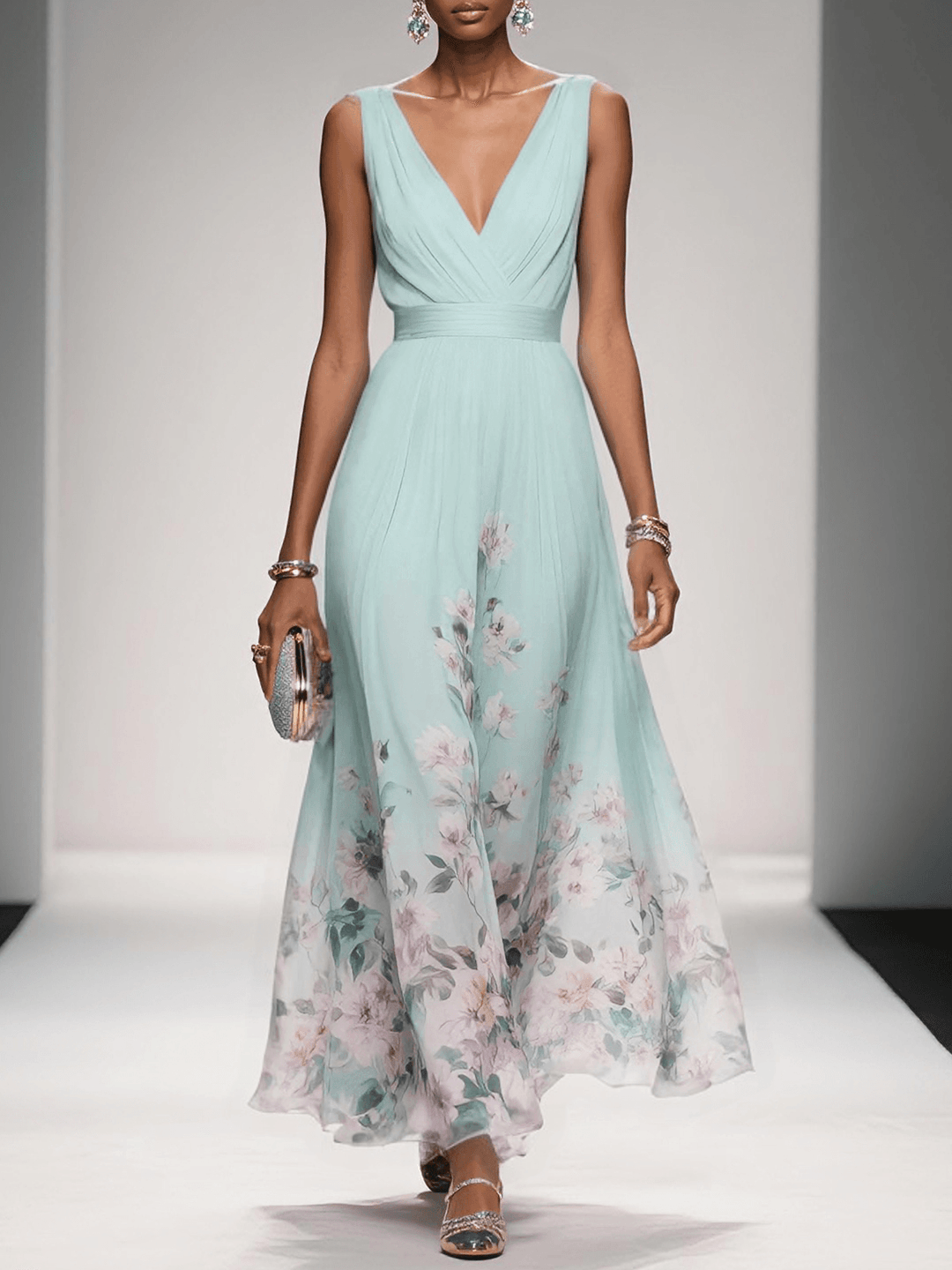 Chic & flowy women's floral midi dress with a deep V neck, offering comfort & style for summer.