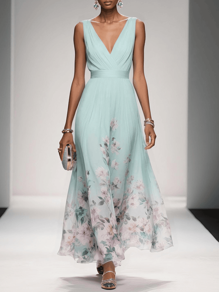 Chic & flowy women's floral midi dress with a deep V neck, offering comfort & style for summer.