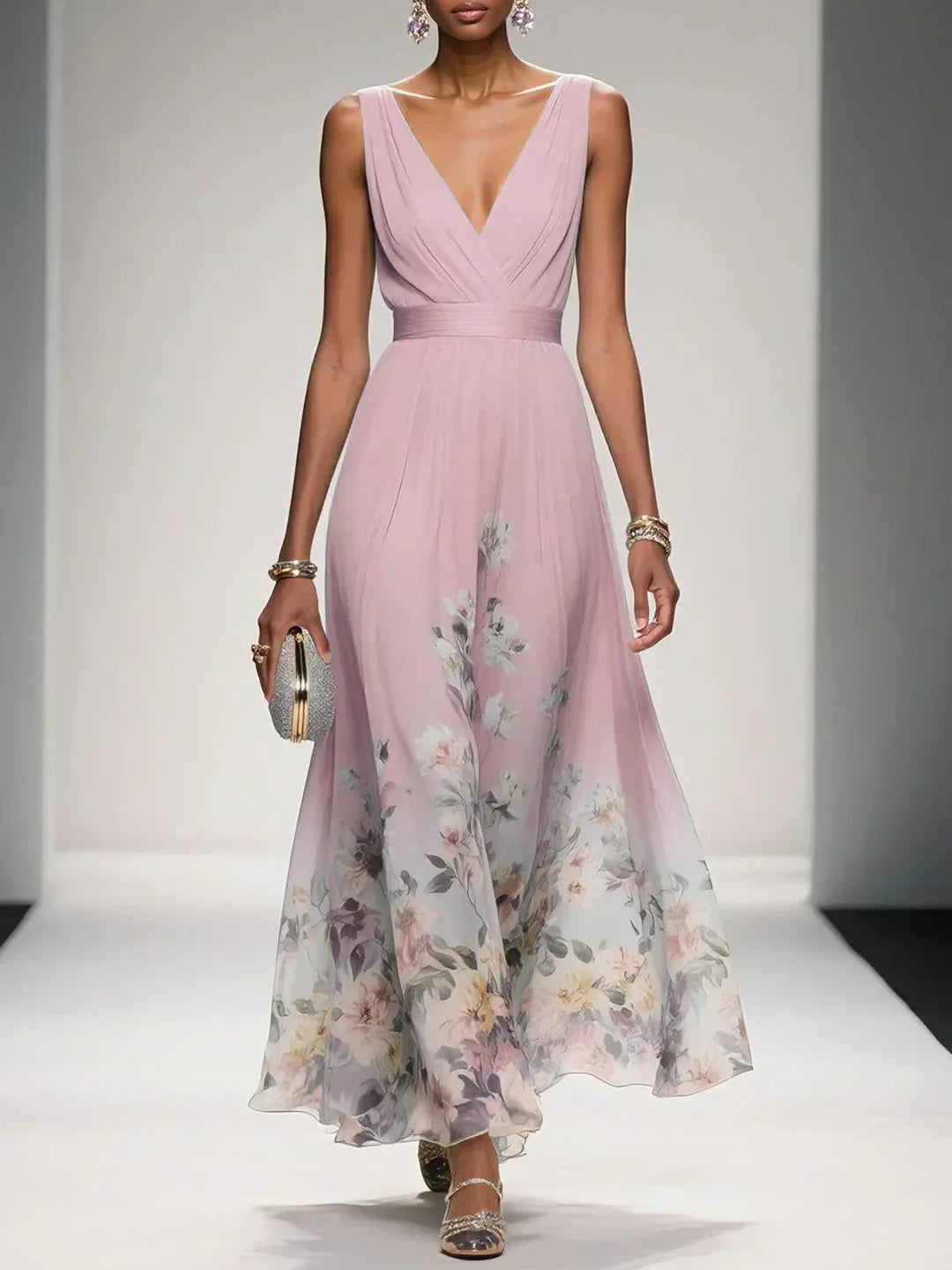 Stunning floral midi party dress for women, with a deep V neck, perfect for elegant evening events.