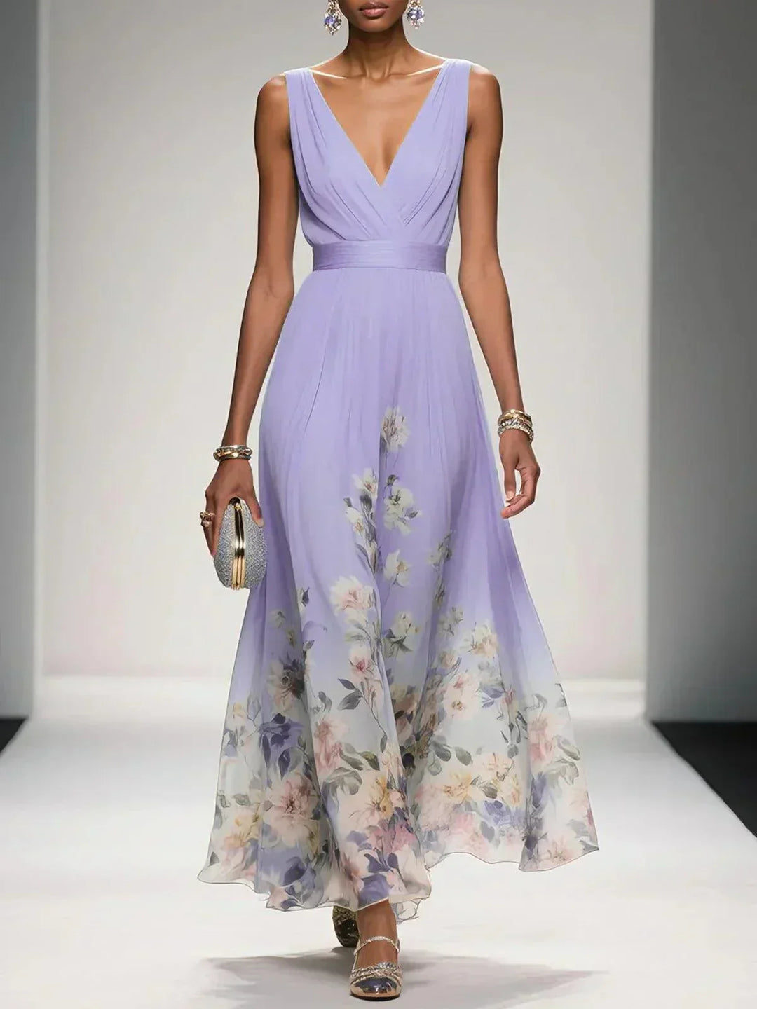 Casual chic women's floral midi dress, deep V neck, perfect for vacation, resorts & sophisticated summer.