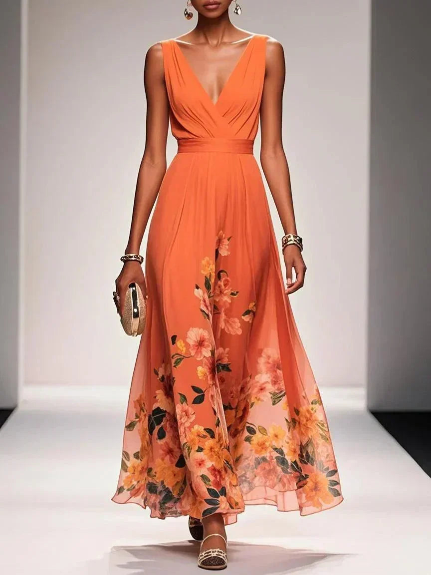 Sophisticated elegant women's floral midi dress, deep V neck, suitable for special occasions.