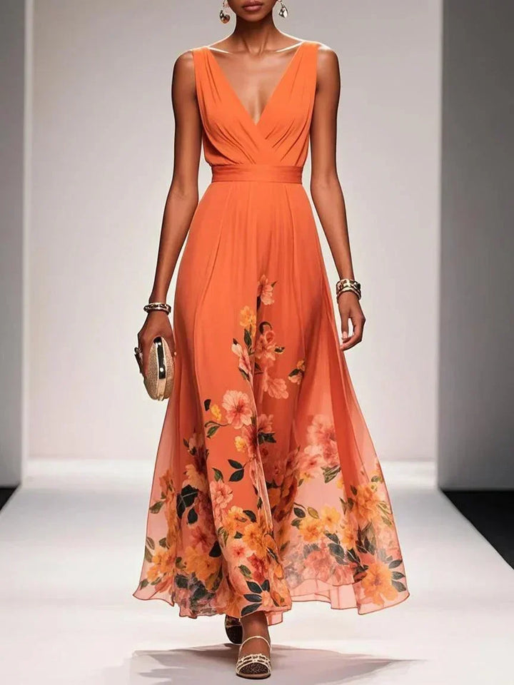 Sophisticated elegant women's floral midi dress, deep V neck, suitable for special occasions.