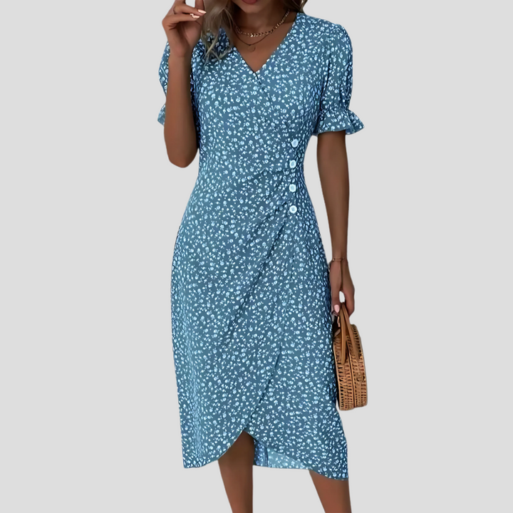 Elegant women's floral midi dress with puff sleeves and V-neck, perfect for garden parties or summer events.