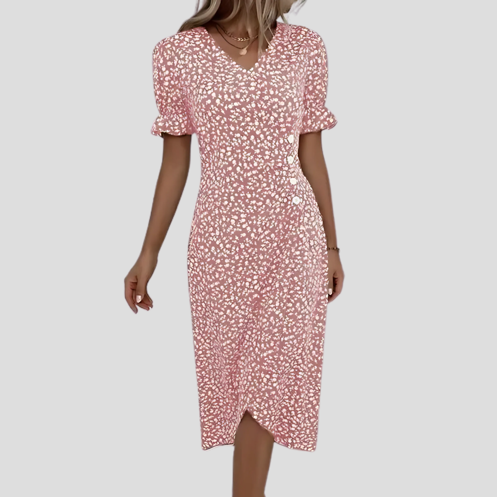 Casual yet elegant summer floral midi dress with short puff sleeves, ideal for beach outings or brunches.