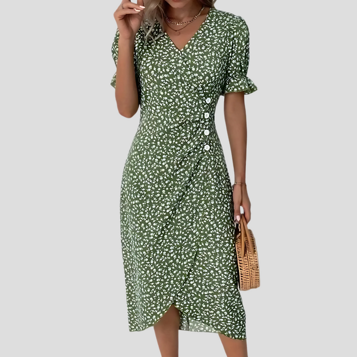 Chic V-neck floral midi dress for women, with charming puff sleeves and a flowing A-line silhouette.