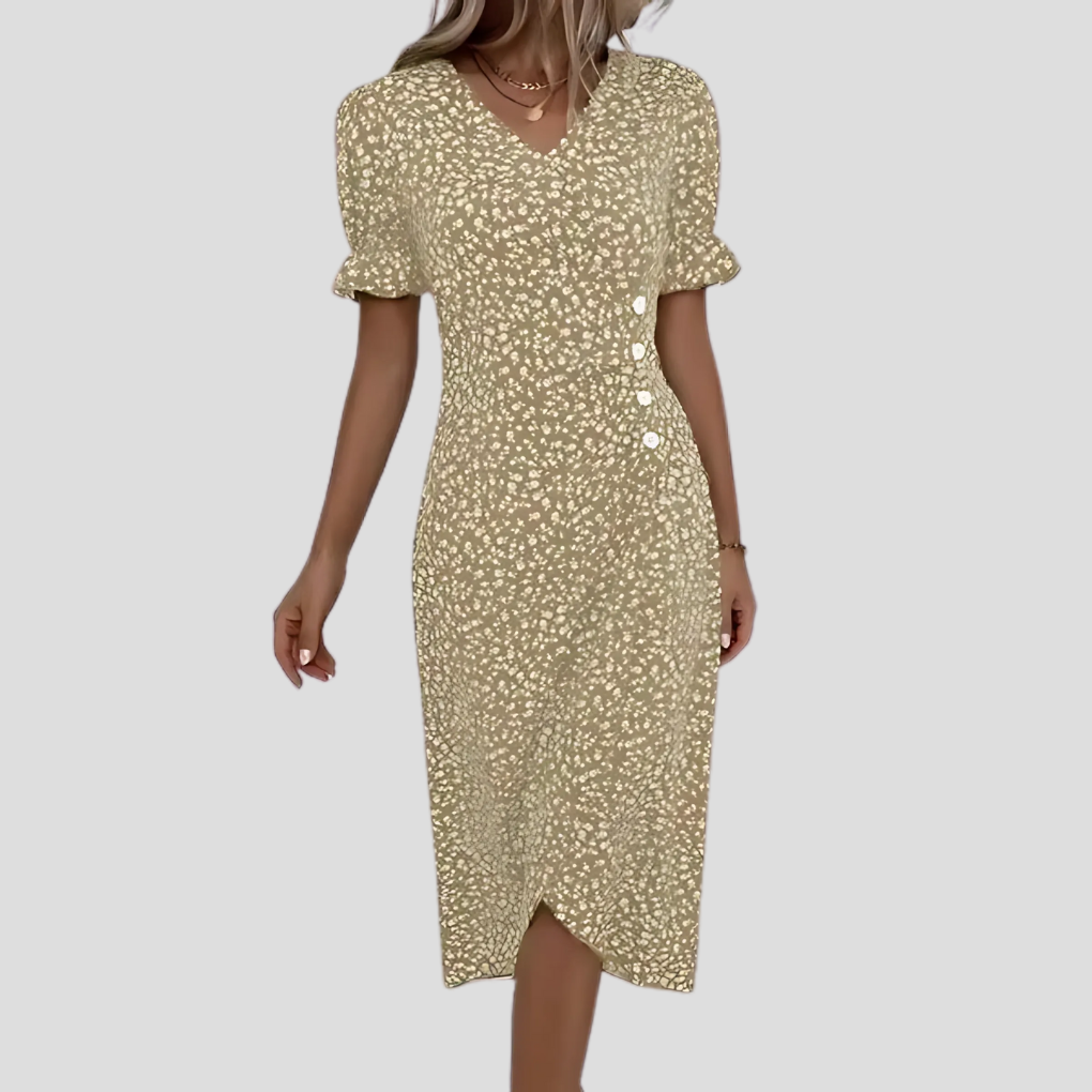 Stylish women's elegant floral midi dress, a puff sleeve V-neck design perfect for various occasions.