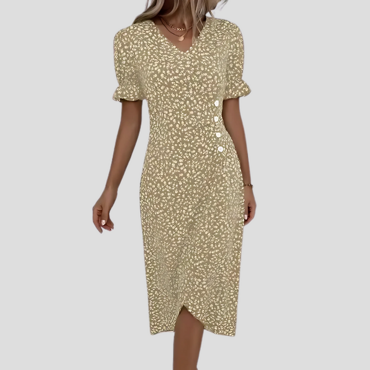 Stylish women's elegant floral midi dress, a puff sleeve V-neck design perfect for various occasions.