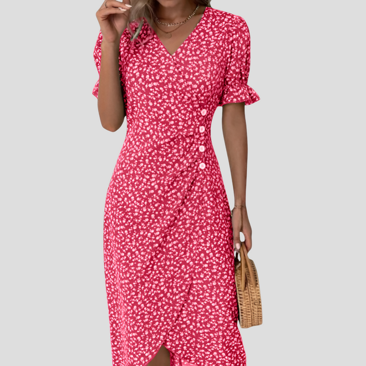 Lightweight summer floral midi dress with comfortable puff sleeves, perfect for casual elegant wear.
