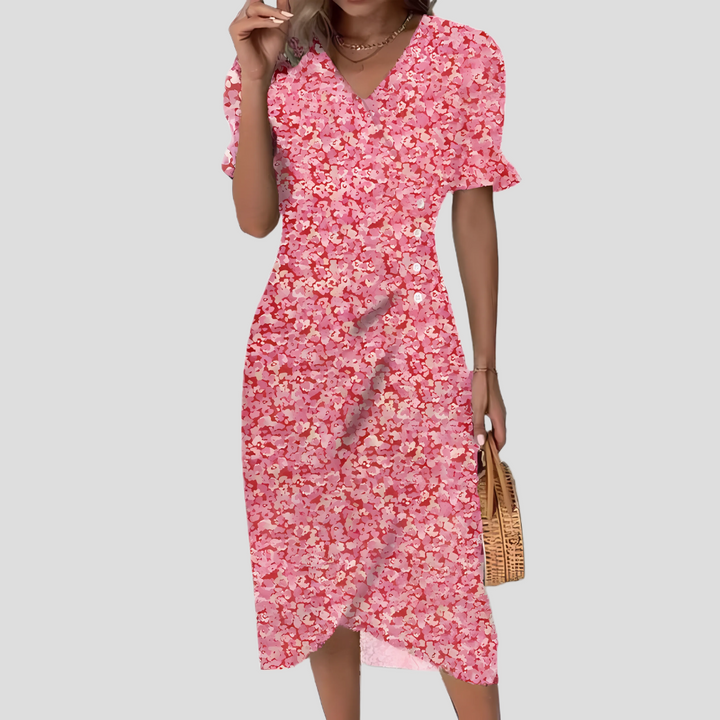 Women's stylish floral print midi dress, featuring puff sleeves, V-neck, and an elegant ruched waist.